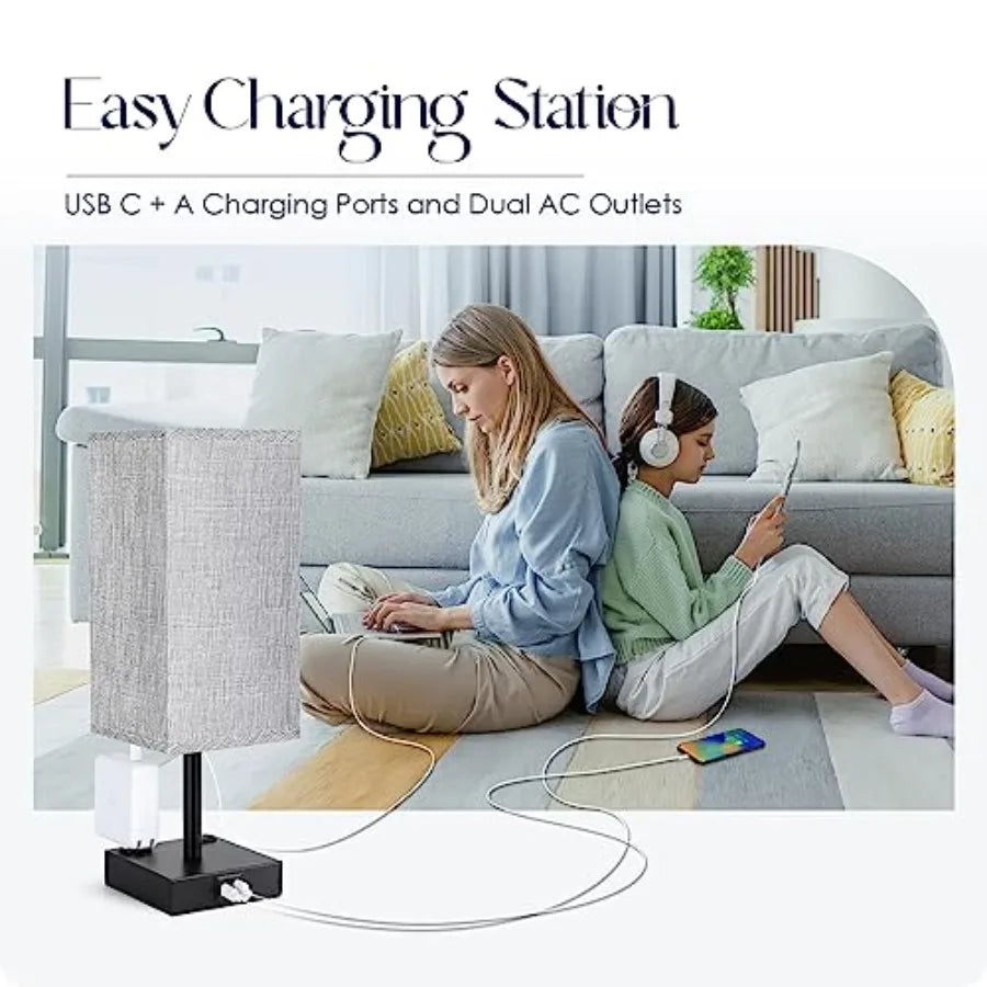 Set of 2 Touch Bedside Table Lamps with USB-C, USB-A & AC Outlets – 3-Way Dimmable Nightstand Lamps for Bedroom