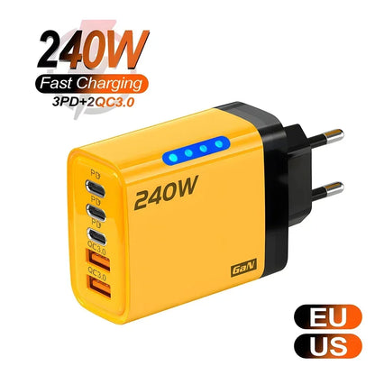 240W GaN USB-C Fast Charger – 5-in-1 Multi-Port Wall Charger for iPhone, Samsung, Xiaomi, Laptop & Tablet