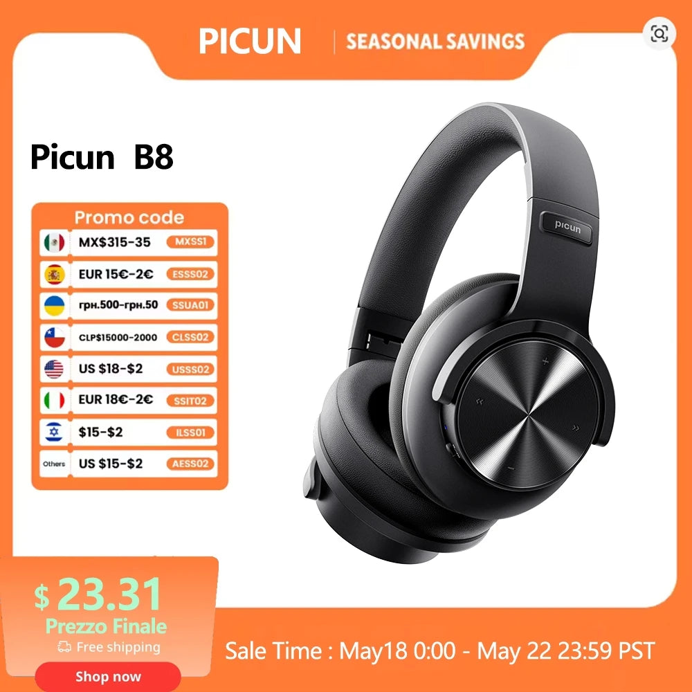 Picun B8 Bluetooth Headphones – 120H Playtime Wireless Over-Ear Headset with Low Latency & Hands-Free Calls