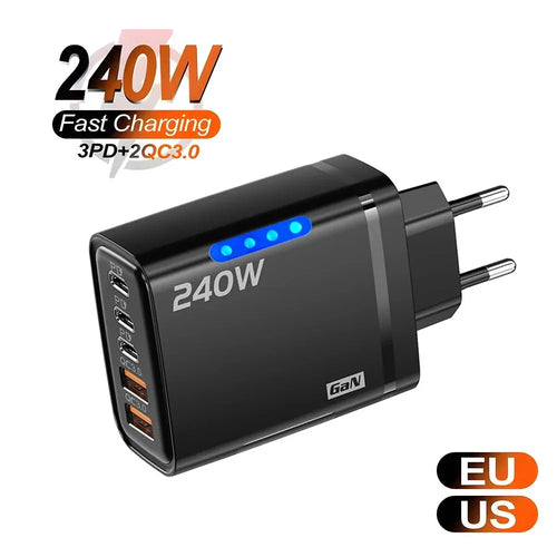240W GaN USB-C Fast Charger – 5-in-1 Multi-Port Wall Charger for iPhone, Samsung, Xiaomi, Laptop & Tablet