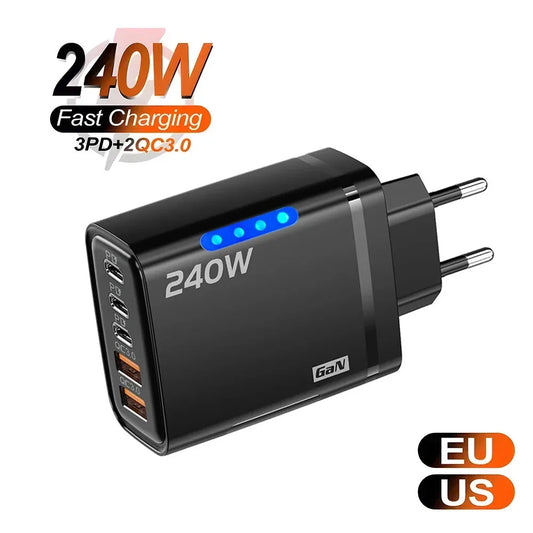 240W GaN USB-C Fast Charger – 5-in-1 Multi-Port Wall Charger for iPhone, Samsung, Xiaomi, Laptop & Tablet