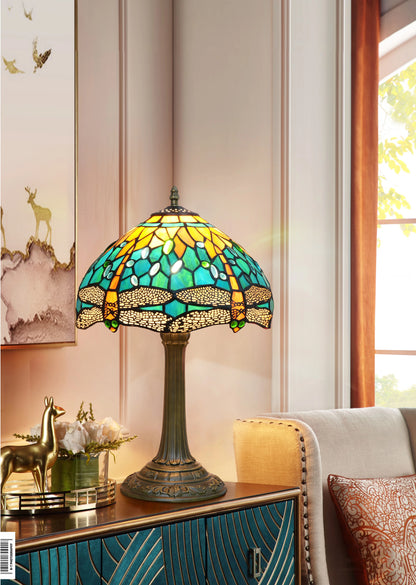Green Yellow Dragonfly Stained Glass Table Lamp – 12 Inch Vintage Bedside Reading Lamp for Bedroom & Living Room