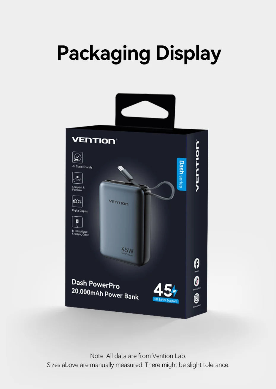 Vention 45W Power Bank – 20000mAh Portable Fast Charger with USB-C Cable for iPhone, Samsung & Xiaomi