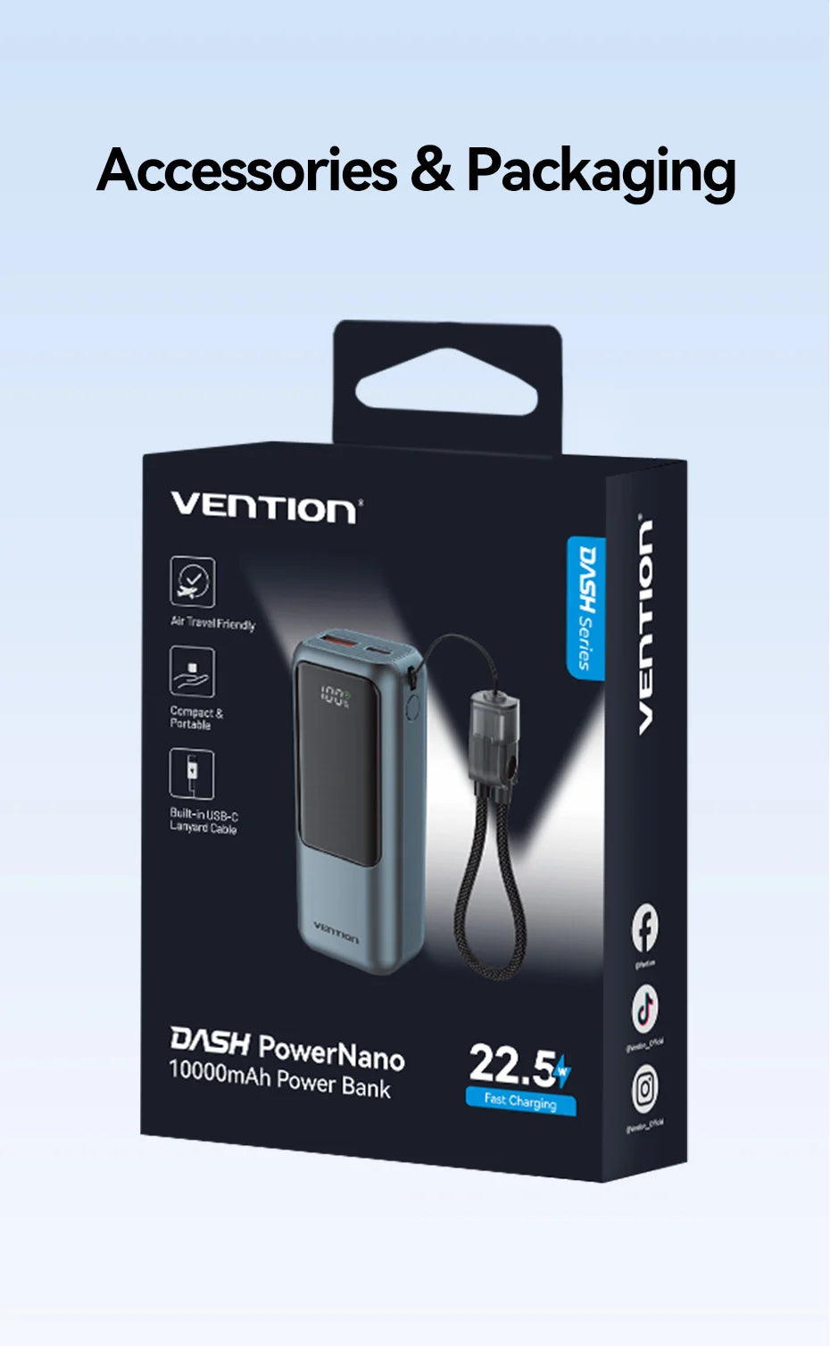 Vention 10000mAh Mini Power Bank – 22.5W Fast Charging Portable Charger with Built-in USB-C Cable & Free Shipping