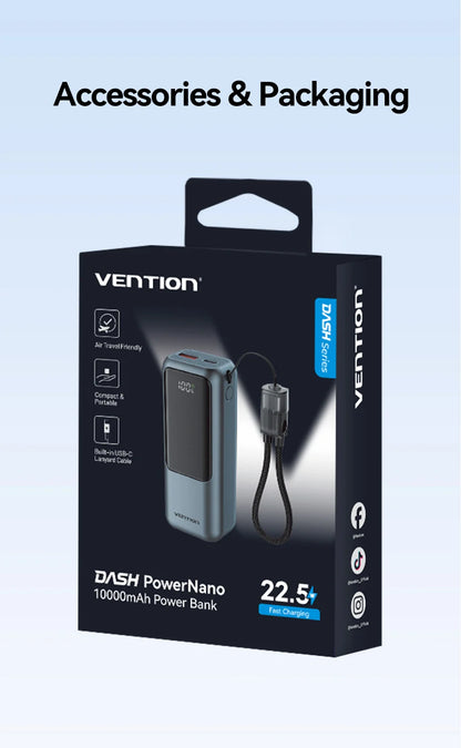 Vention 10000mAh Mini Power Bank – 22.5W Fast Charging Portable Charger with Built-in USB-C Cable & Free Shipping