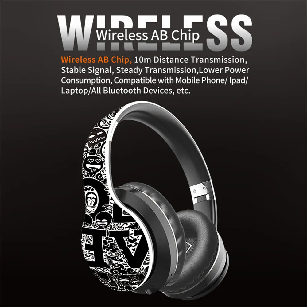 Wireless Bluetooth 5.0 Over-Ear Headphones – Graffiti Foldable Headset with Mic, Hi-Fi Stereo & Free Shipping