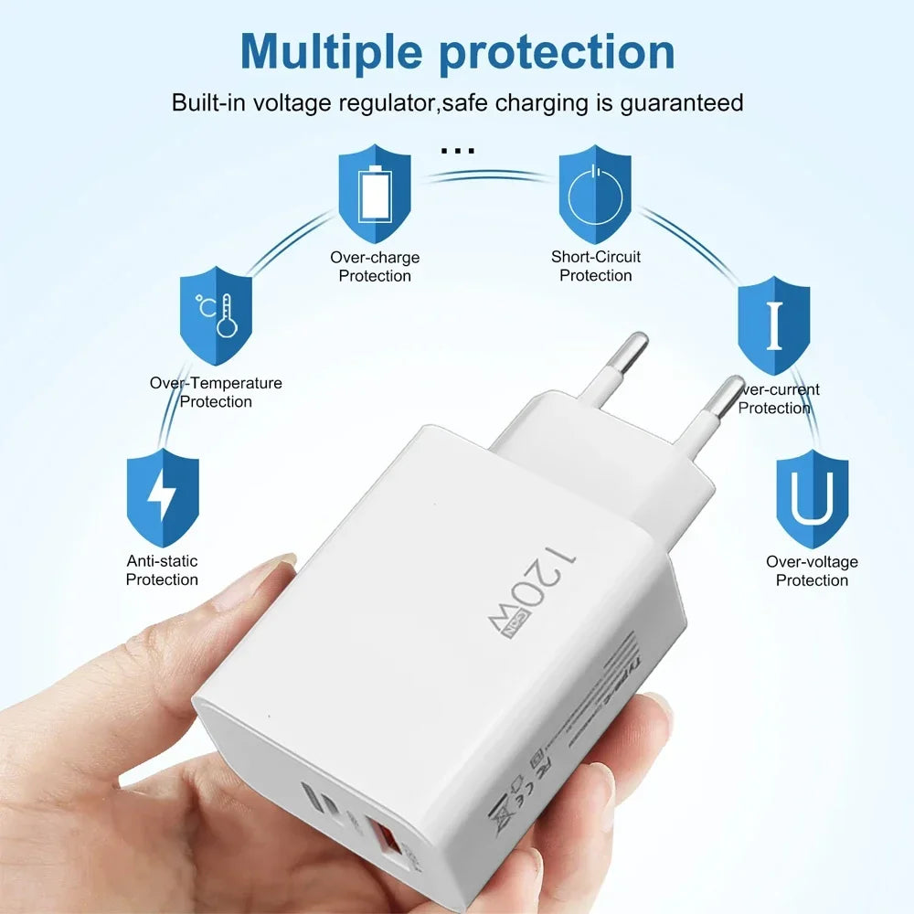 120W USB-C Fast Charger with PD Cable – Quick Charge Wall Adapter for iPhone, Samsung, Xiaomi, OnePlus & Huawei
