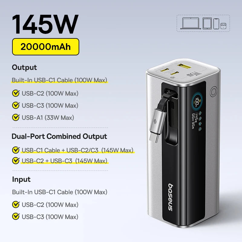 Baseus 145W Portable Power Bank – 20800mAh Fast Charger with Free Shipping