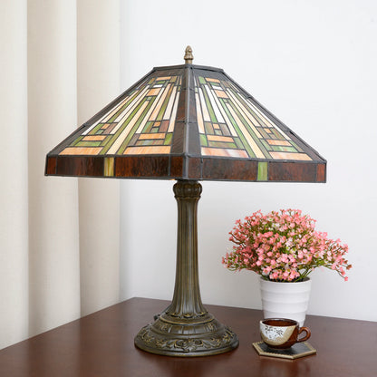 Amber Brown Stained Glass Table Lamp – Retro Mission Style Desk Lamp for Bedroom, Living Room & Office