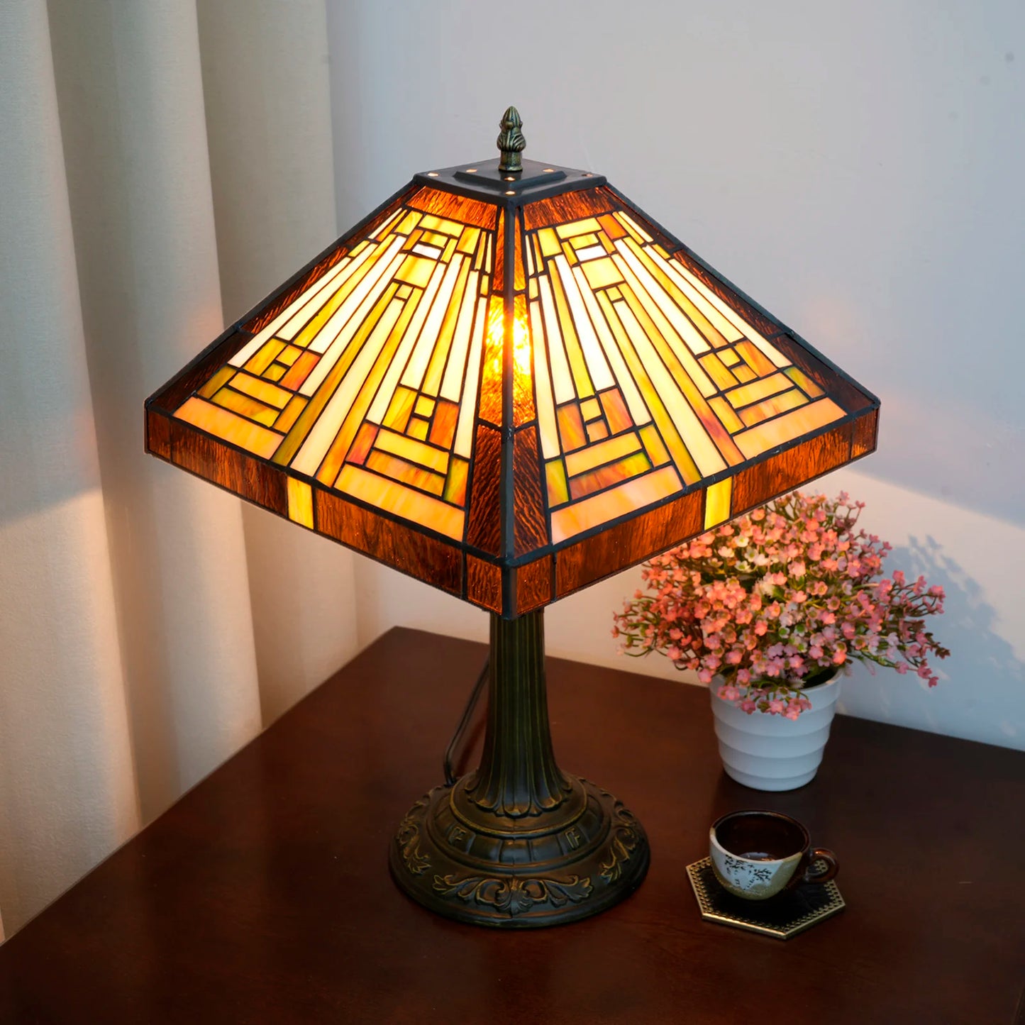 Amber Brown Stained Glass Table Lamp – Retro Mission Style Desk Lamp for Bedroom, Living Room & Office
