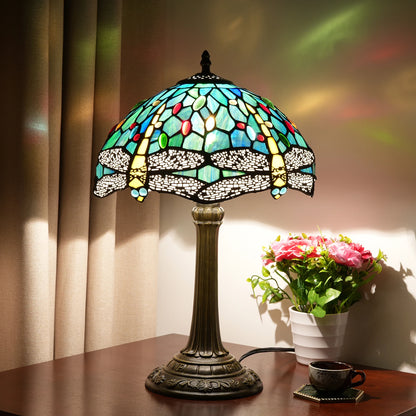 Green Yellow Dragonfly Stained Glass Table Lamp – 12 Inch Vintage Bedside Reading Lamp for Bedroom & Living Room