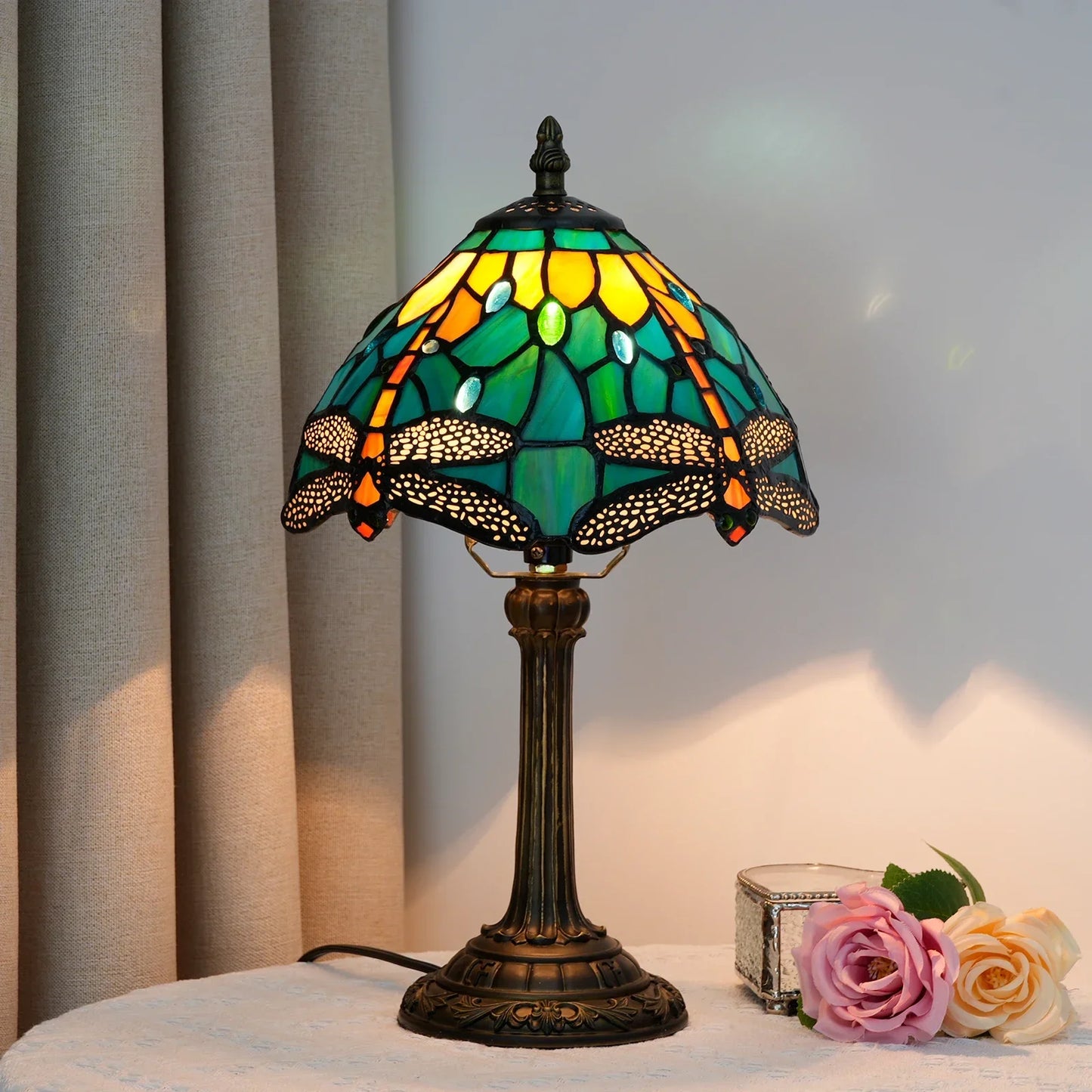 Vintage Stained Glass Table Lamp – 8 Inch French Rose Bedside Reading Lamp for Bedroom, Living Room & Office
