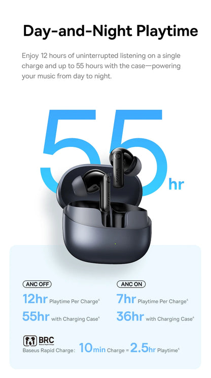 Baseus EP10 Pro ANC Wireless Earbuds – Bluetooth 6.0 Hi-Res Earphones with 50dB Noise Cancelling & 55H Playtime