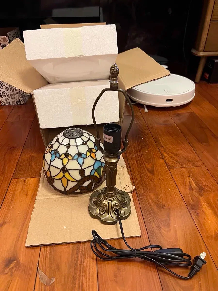 Vintage Stained Glass Table Lamp – 8 Inch French Rose Bedside Reading Lamp for Bedroom, Living Room & Office