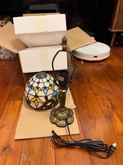 Vintage Stained Glass Table Lamp – 8 Inch French Rose Bedside Reading Lamp for Bedroom, Living Room & Office