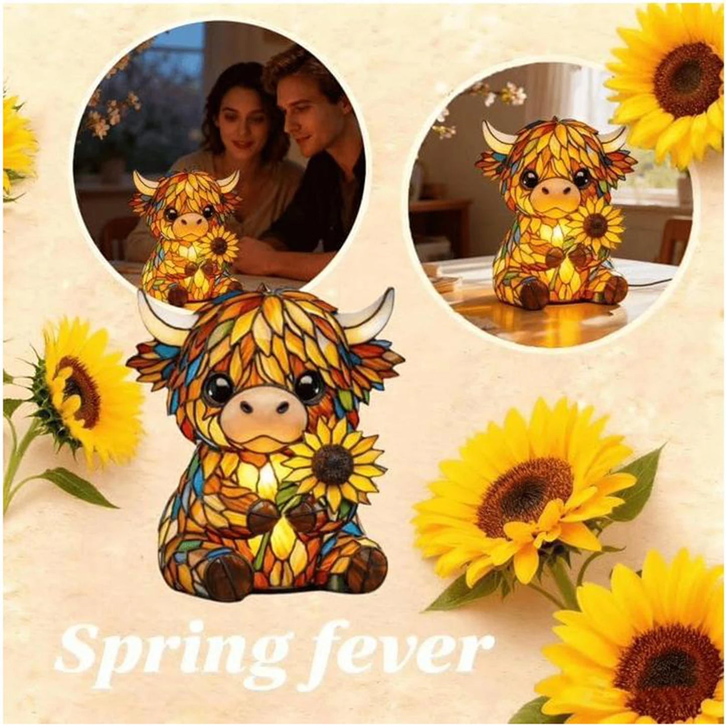 Sunflower Highland Cow LED Table Lamp – Cute USB Night Light for Bedroom, Kids Room & Cozy Home Decor