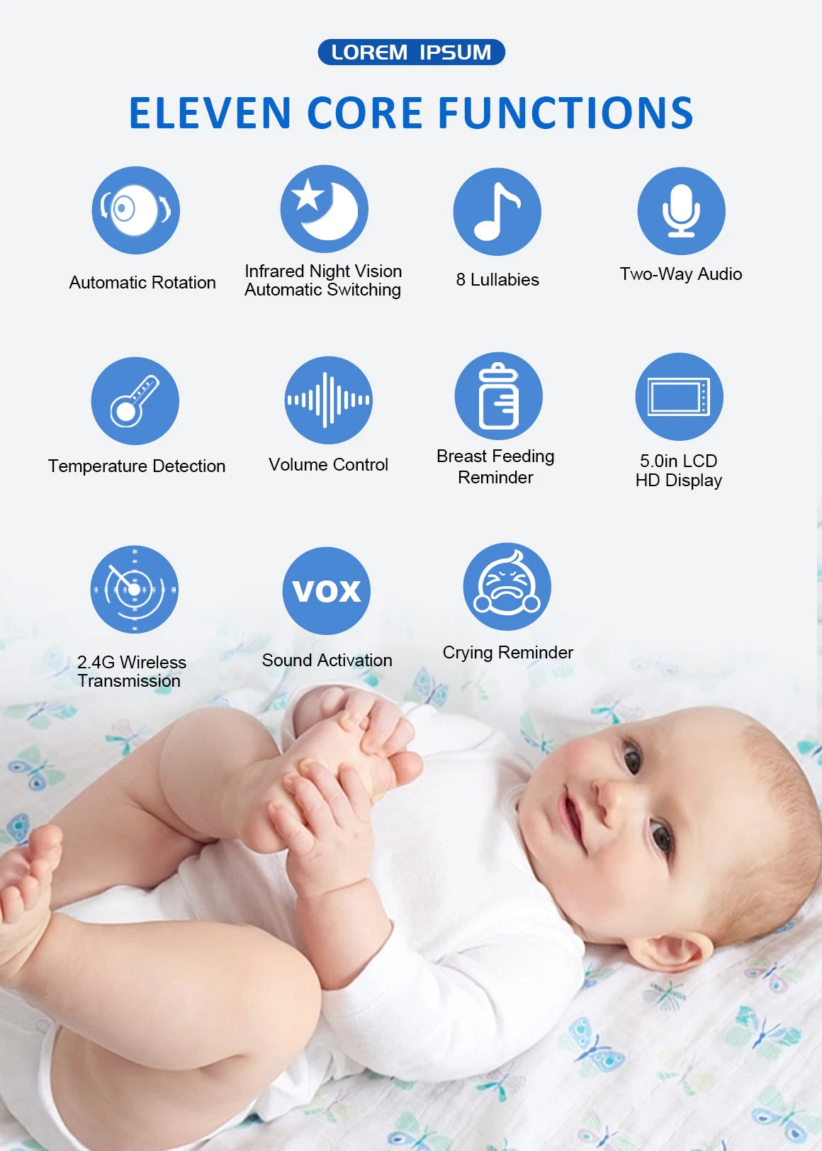 5 Inch Video Baby Monitor with Camera – PTZ Zoom Babyphone with Temperature Sensor, Lullaby & Free Shipping