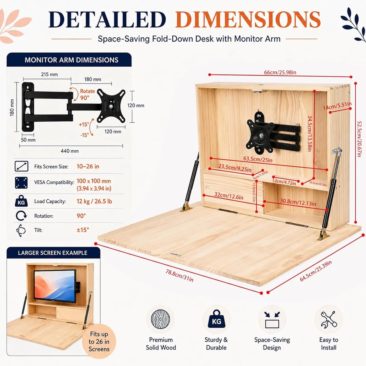 Wall Mounted Folding Desk with Storage & Monitor Mount