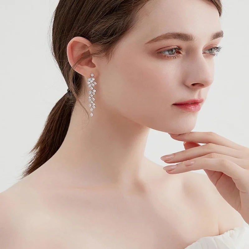 Romantic Sparkling Leaf Drop Earrings