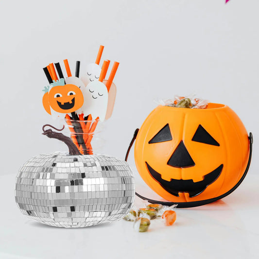 Silver Mirrored Pumpkin Disco Ball Halloween Decor