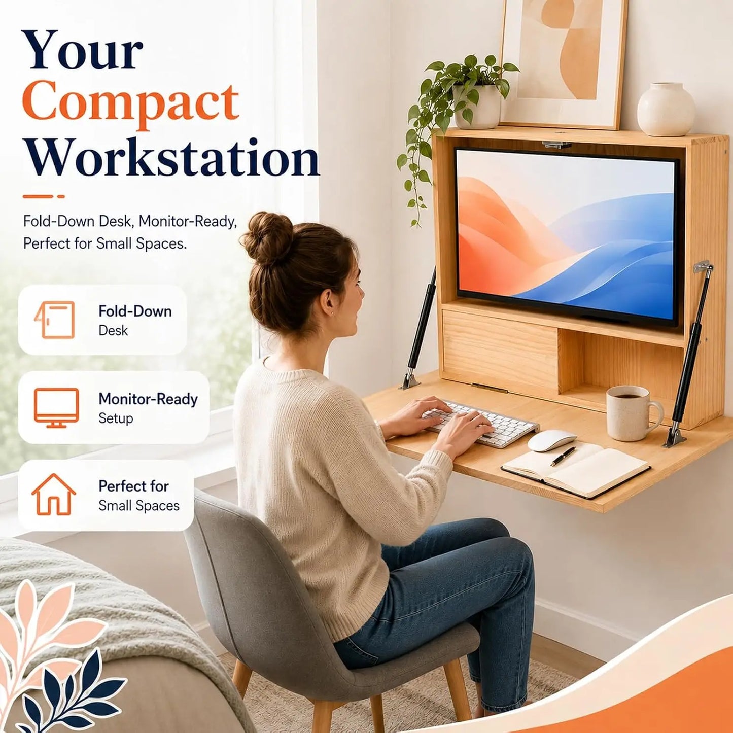 Wall Mounted Folding Desk with Storage & Monitor Mount
