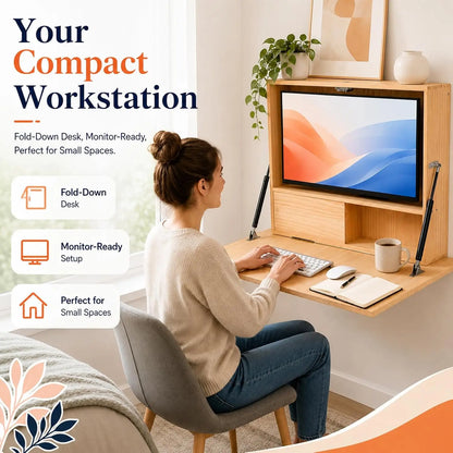 Wall Mounted Folding Desk with Storage & Monitor Mount