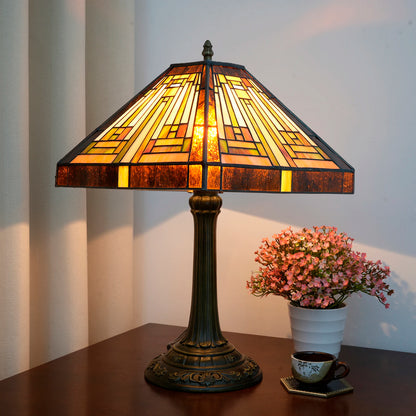 Amber Brown Stained Glass Table Lamp – Retro Mission Style Desk Lamp for Bedroom, Living Room & Office