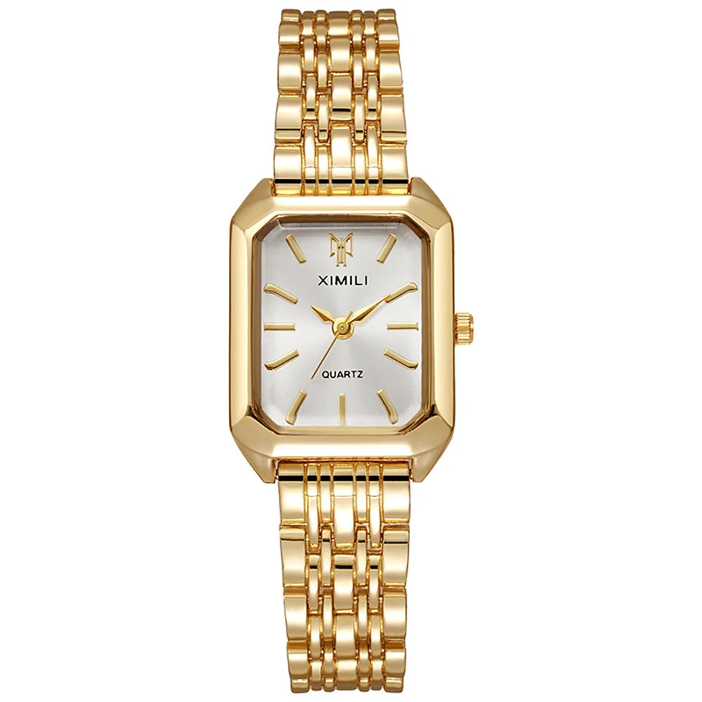 Luxury Women’s Quartz Watch – Gold Square Stainless Steel Fashion Watch with Free Shipping