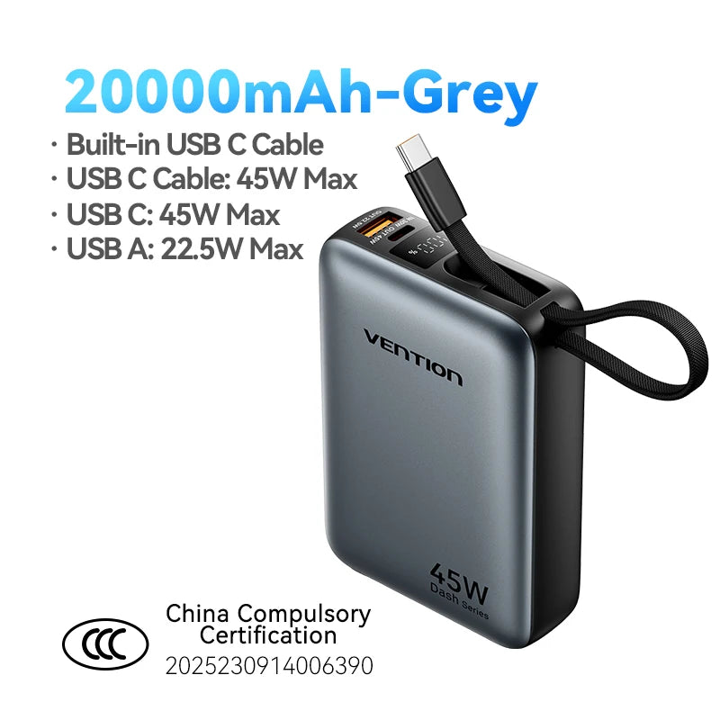 Vention 45W Power Bank – 20000mAh Portable Fast Charger with USB-C Cable for iPhone, Samsung & Xiaomi