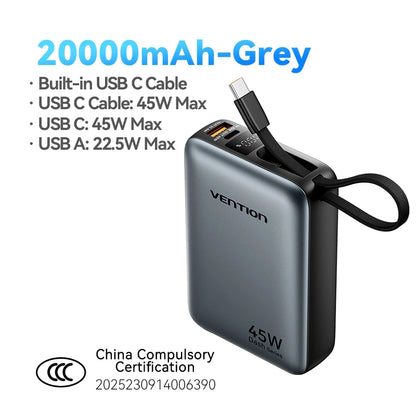 Vention 45W Power Bank – 20000mAh Portable Fast Charger with USB-C Cable for iPhone, Samsung & Xiaomi
