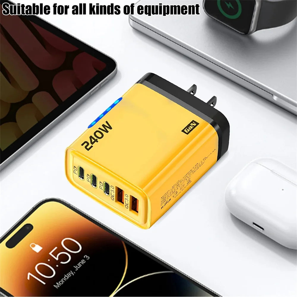 240W GaN USB-C Fast Charger – 5-in-1 Multi-Port Wall Charger for iPhone, Samsung, Xiaomi, Laptop & Tablet