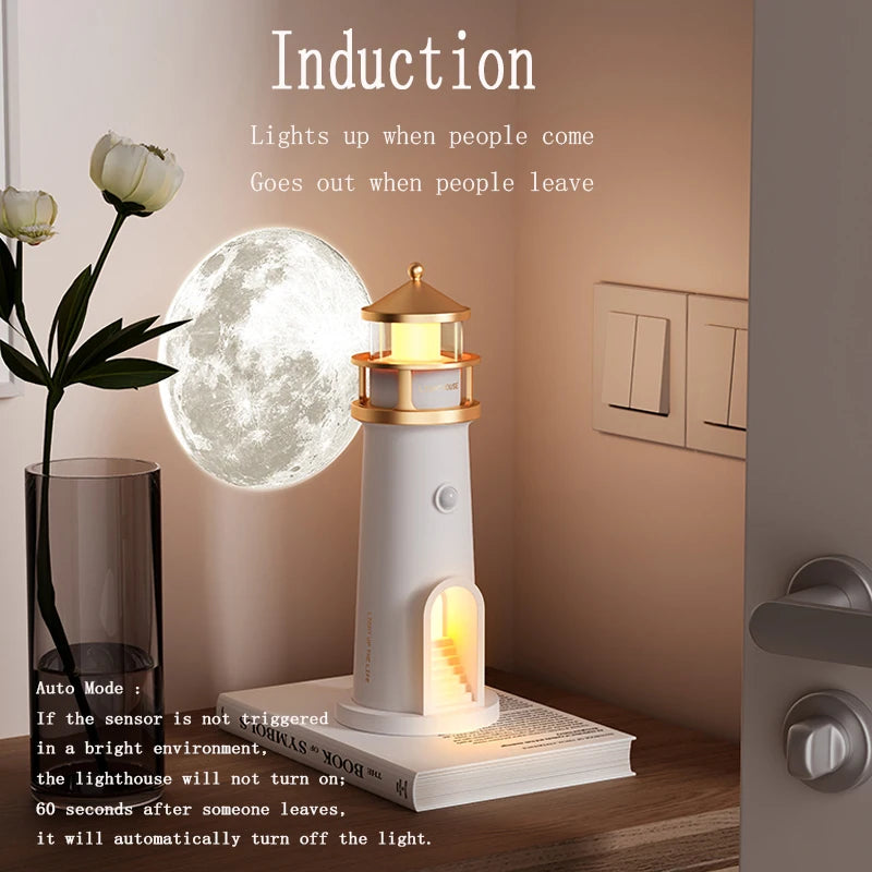 Motion Sensor Moon Projection Lighthouse Night Light – Rechargeable Bedside Lamp for Bedroom & Kids Room