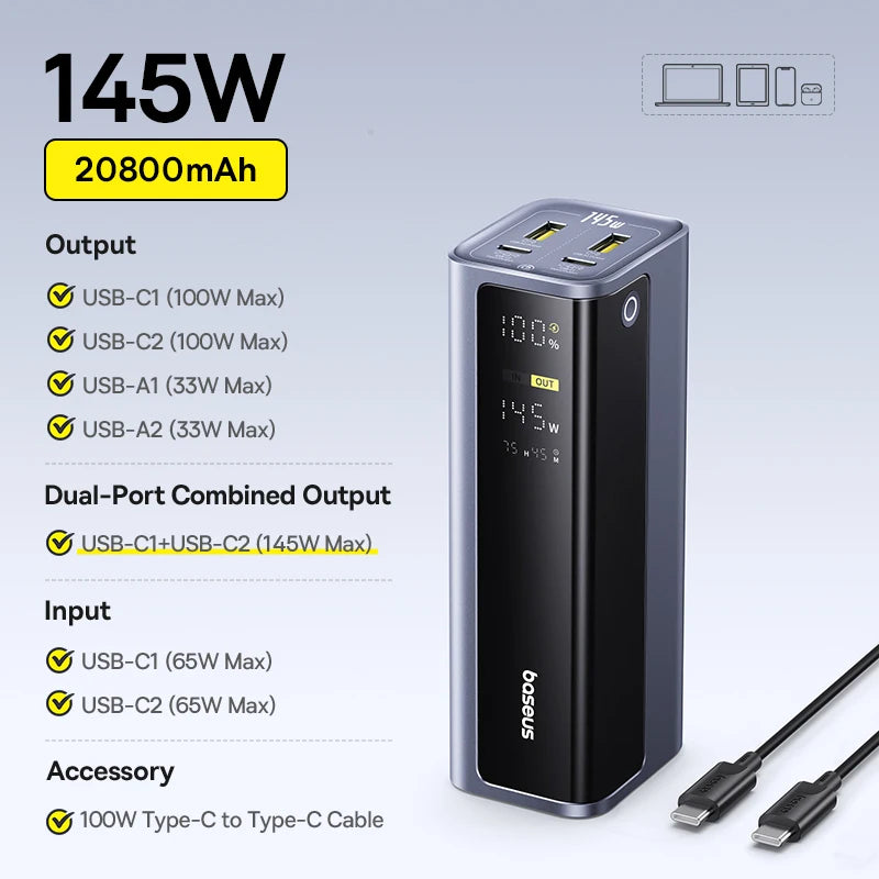 Baseus 145W Portable Power Bank – 20800mAh Fast Charger with Free Shipping