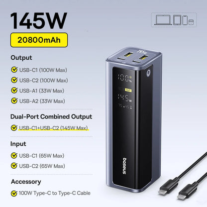 Baseus 145W Portable Power Bank – 20800mAh Fast Charger with Free Shipping