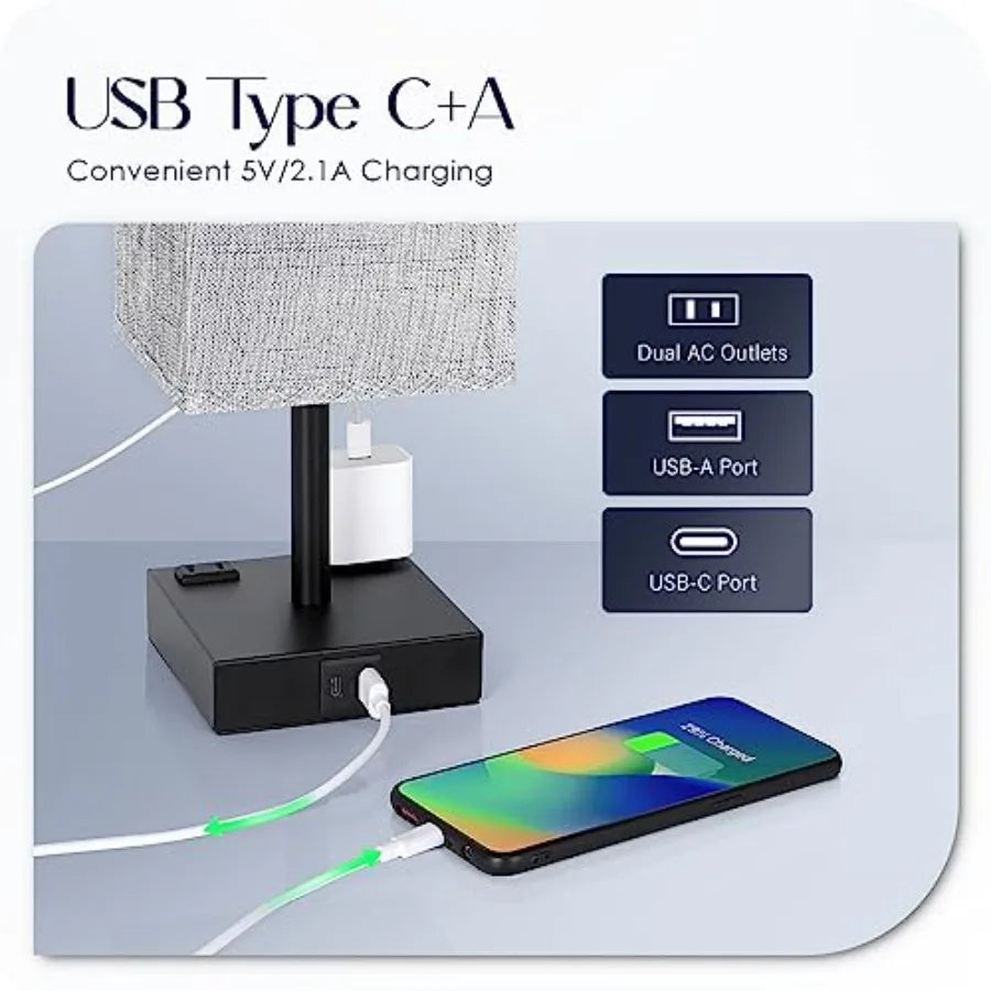 Set of 2 Touch Bedside Table Lamps with USB-C, USB-A & AC Outlets – 3-Way Dimmable Nightstand Lamps for Bedroom