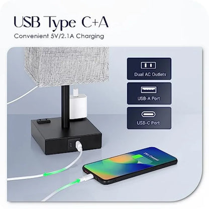 Set of 2 Touch Bedside Table Lamps with USB-C, USB-A & AC Outlets – 3-Way Dimmable Nightstand Lamps for Bedroom