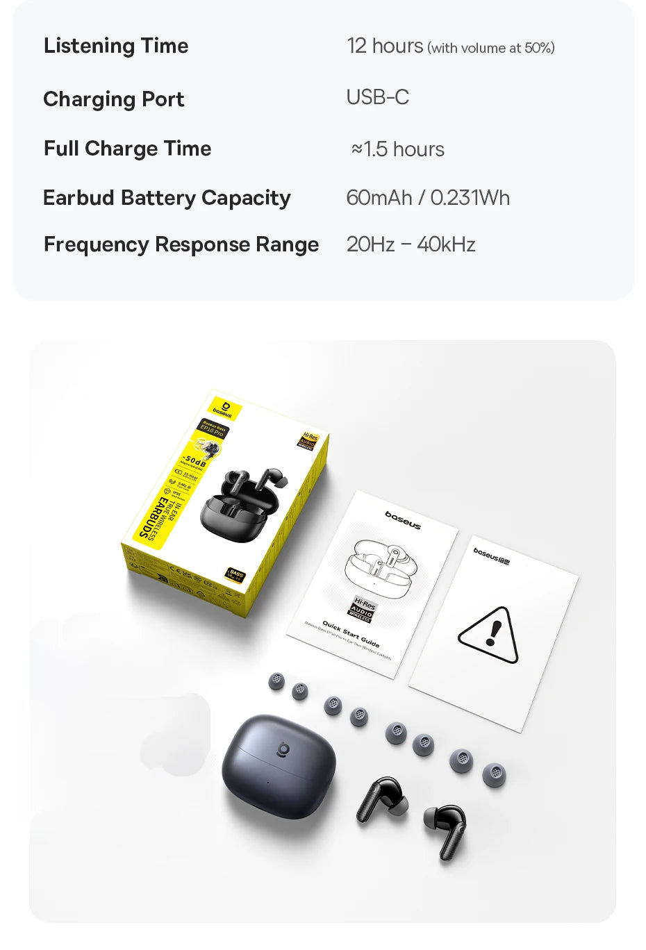 Baseus EP10 Pro ANC Wireless Earbuds – Bluetooth 6.0 Hi-Res Earphones with 50dB Noise Cancelling & 55H Playtime