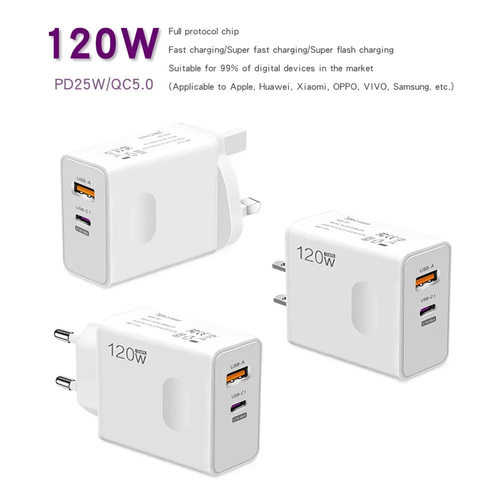 120W USB-C Fast Charger with PD Cable – Quick Charge Wall Adapter for iPhone, Samsung, Xiaomi, OnePlus & Huawei