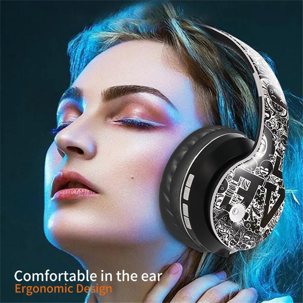 Wireless Bluetooth 5.0 Over-Ear Headphones – Graffiti Foldable Headset with Mic, Hi-Fi Stereo & Free Shipping