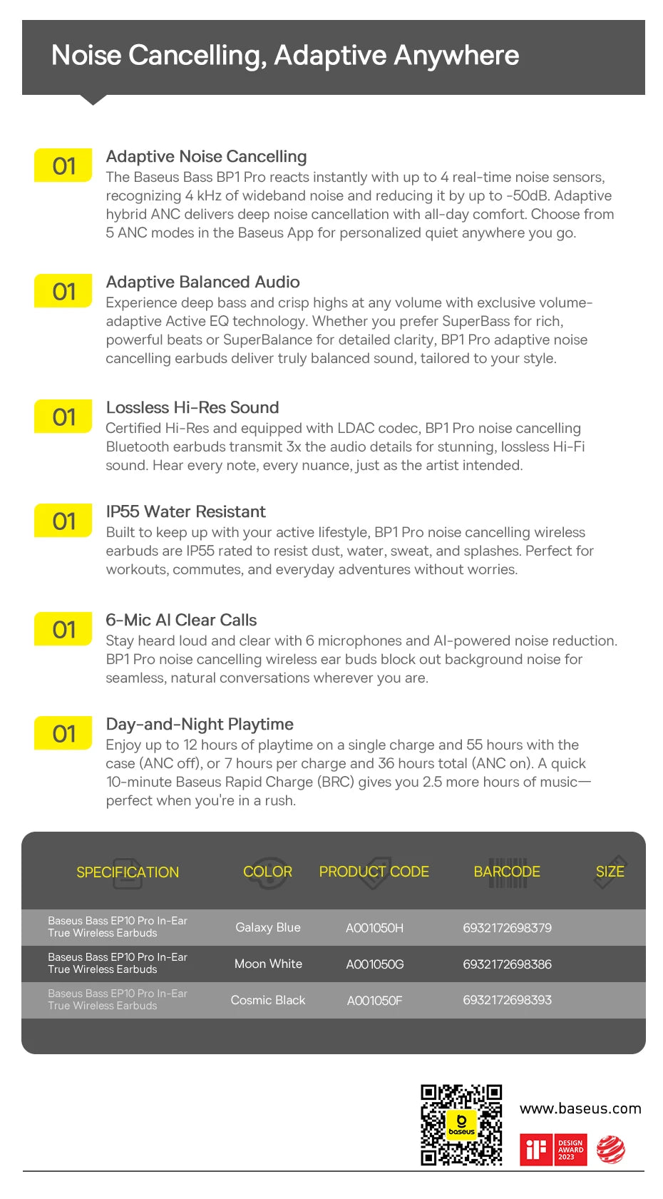 Baseus EP10 Pro ANC Wireless Earbuds – Bluetooth 6.0 Hi-Res Earphones with 50dB Noise Cancelling & 55H Playtime