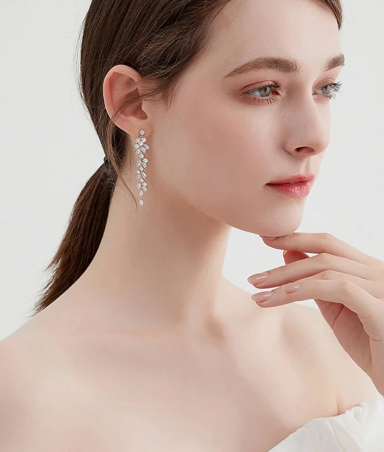 Romantic Sparkling Leaf Drop Earrings