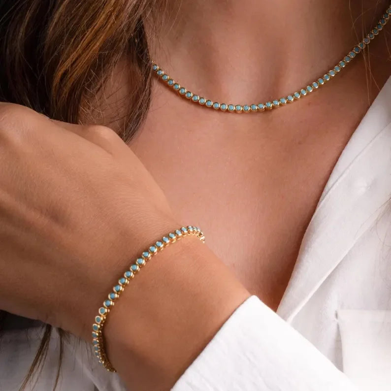 Turquoise CZ Gold-Plated Tennis Bracelet for Women