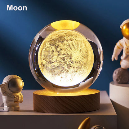 6cm 3D Crystal Ball Decoration 2026 Astronomy Solar System Planets Moon Astronaut LED Balls Home Snow Glass Globe Decorations
