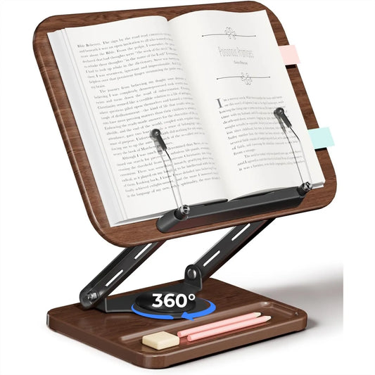 Book Stand for Reading, 360° Rotating Base with Pen Slot, Foldable Holder with Elastic Page Clips for Cookbook, Textbook, Tablet