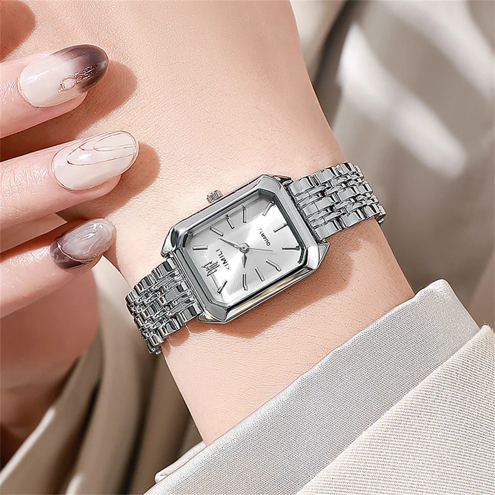 Luxury Women’s Quartz Watch – Gold Square Stainless Steel Fashion Watch with Free Shipping