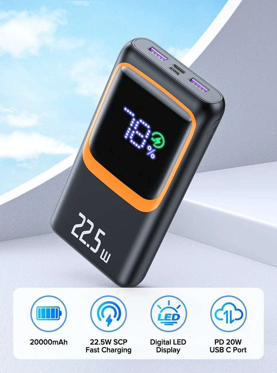 QOOVI 20000mAh Power Bank – PD 22.5W Fast Charging Portable Charger with Digital Display & Free Shipping