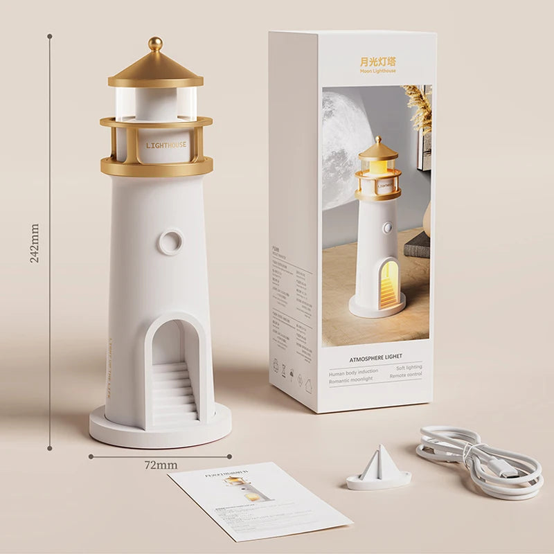 Motion Sensor Moon Projection Lighthouse Night Light – Rechargeable Bedside Lamp for Bedroom & Kids Room