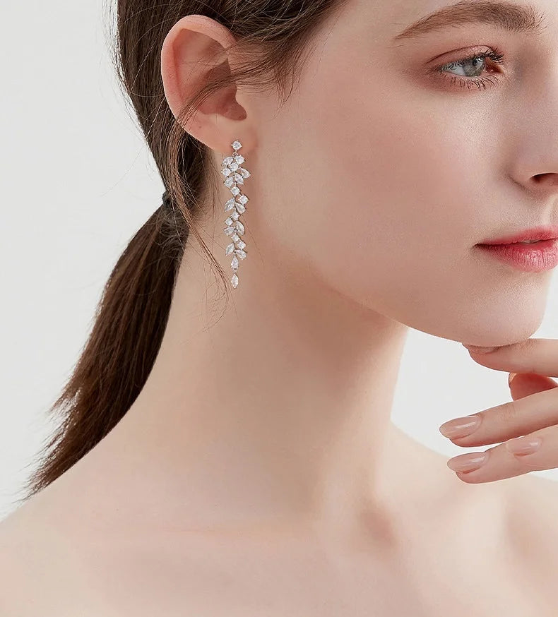Romantic Sparkling Leaf Drop Earrings
