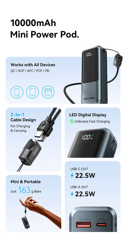 Vention 10000mAh Mini Power Bank – 22.5W Fast Charging Portable Charger with Built-in USB-C Cable & Free Shipping