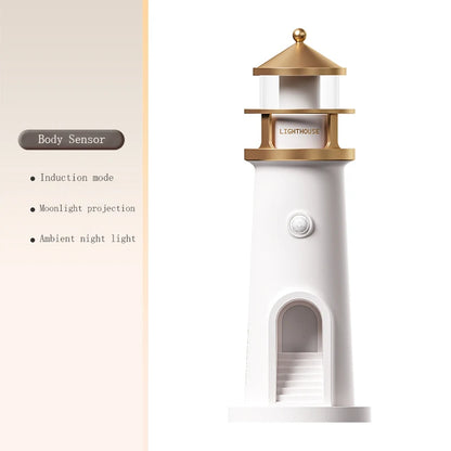 Motion Sensor Moon Projection Lighthouse Night Light – Rechargeable Bedside Lamp for Bedroom & Kids Room